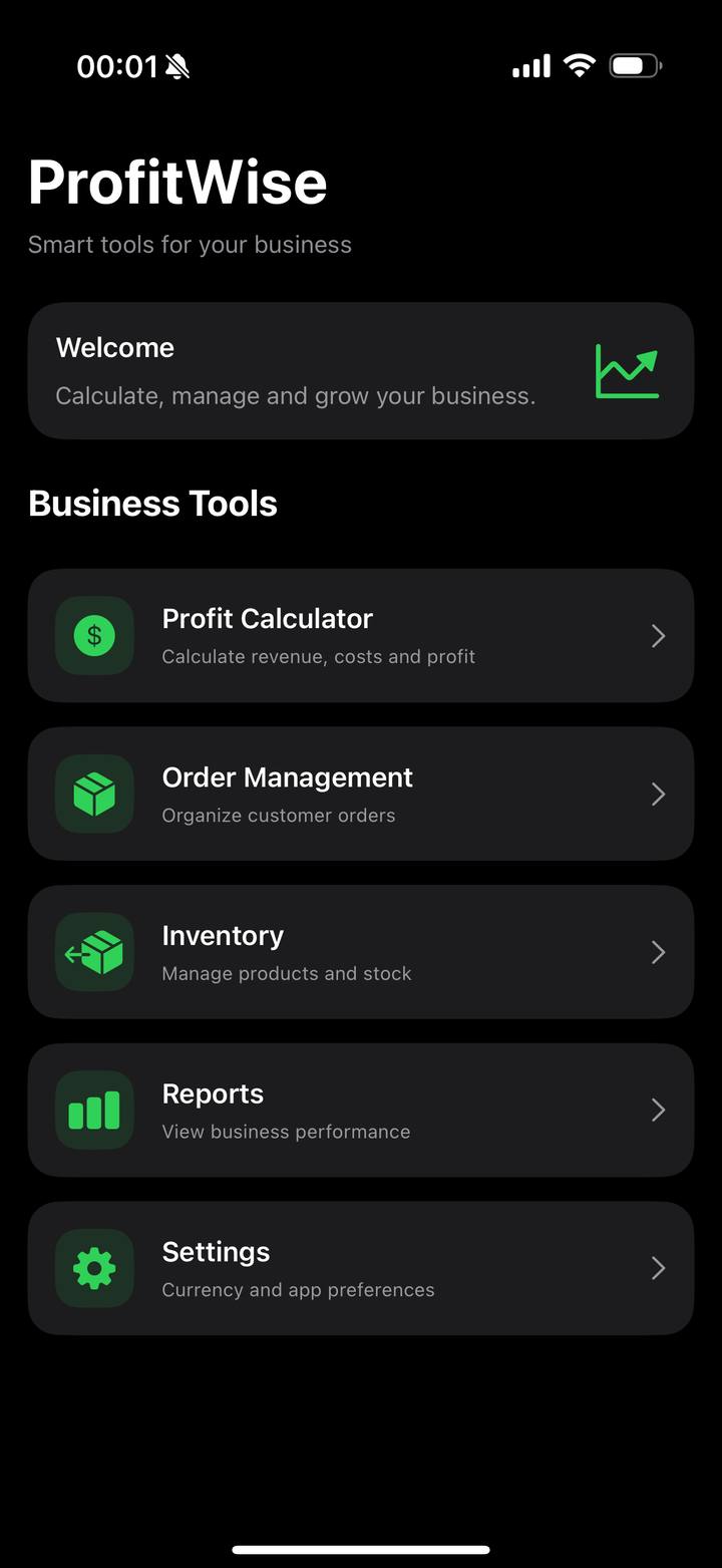 ProfitWise home screen showing Profit Calculator, Order Management, Inventory, Reports, and Settings