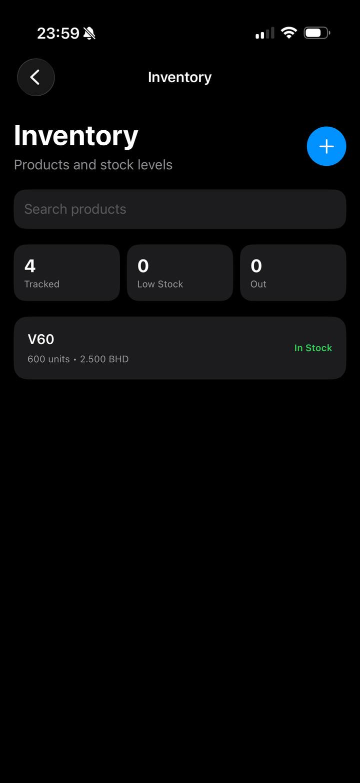 ProfitWise Inventory screen showing tracked products and stock status