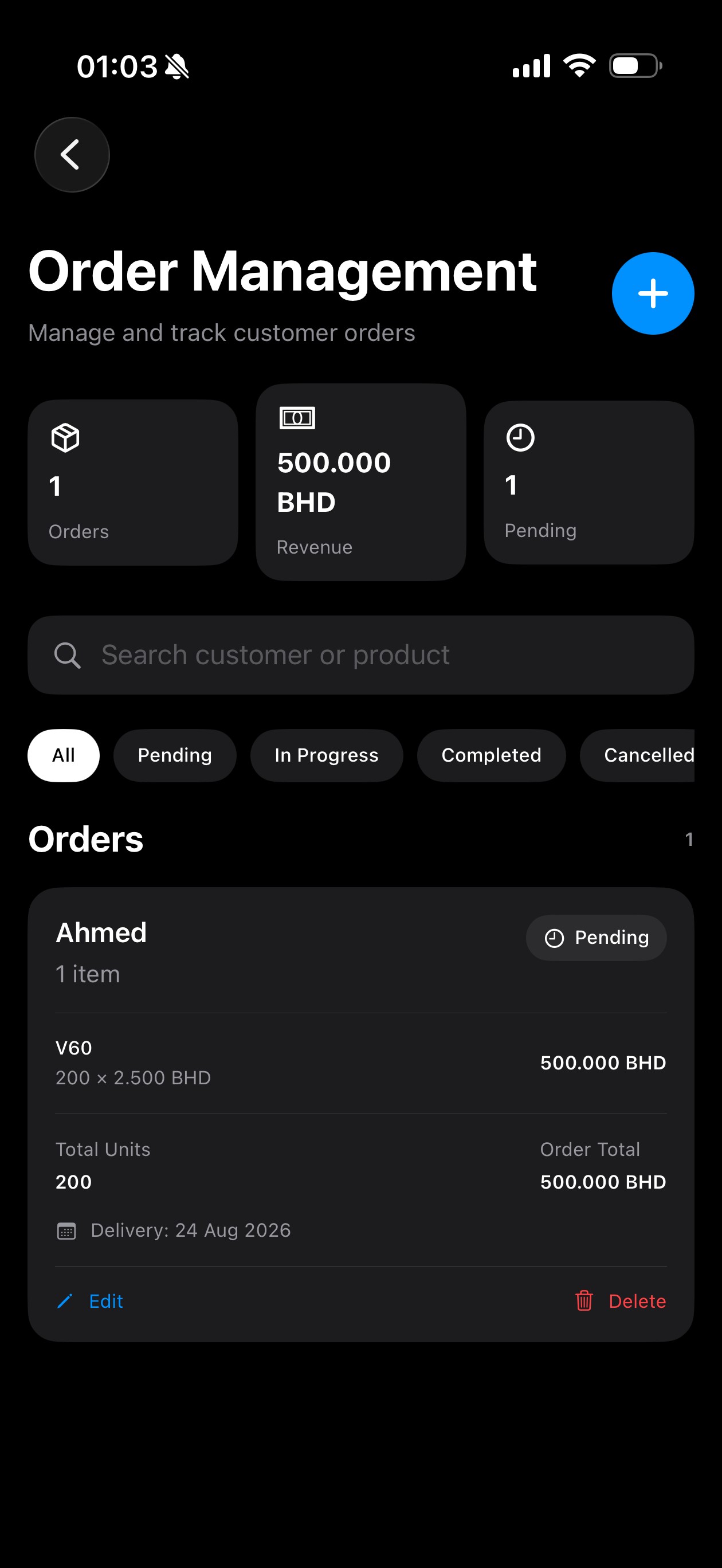ProfitWise Add Order screen showing customer, products, quantity, pricing, and order total