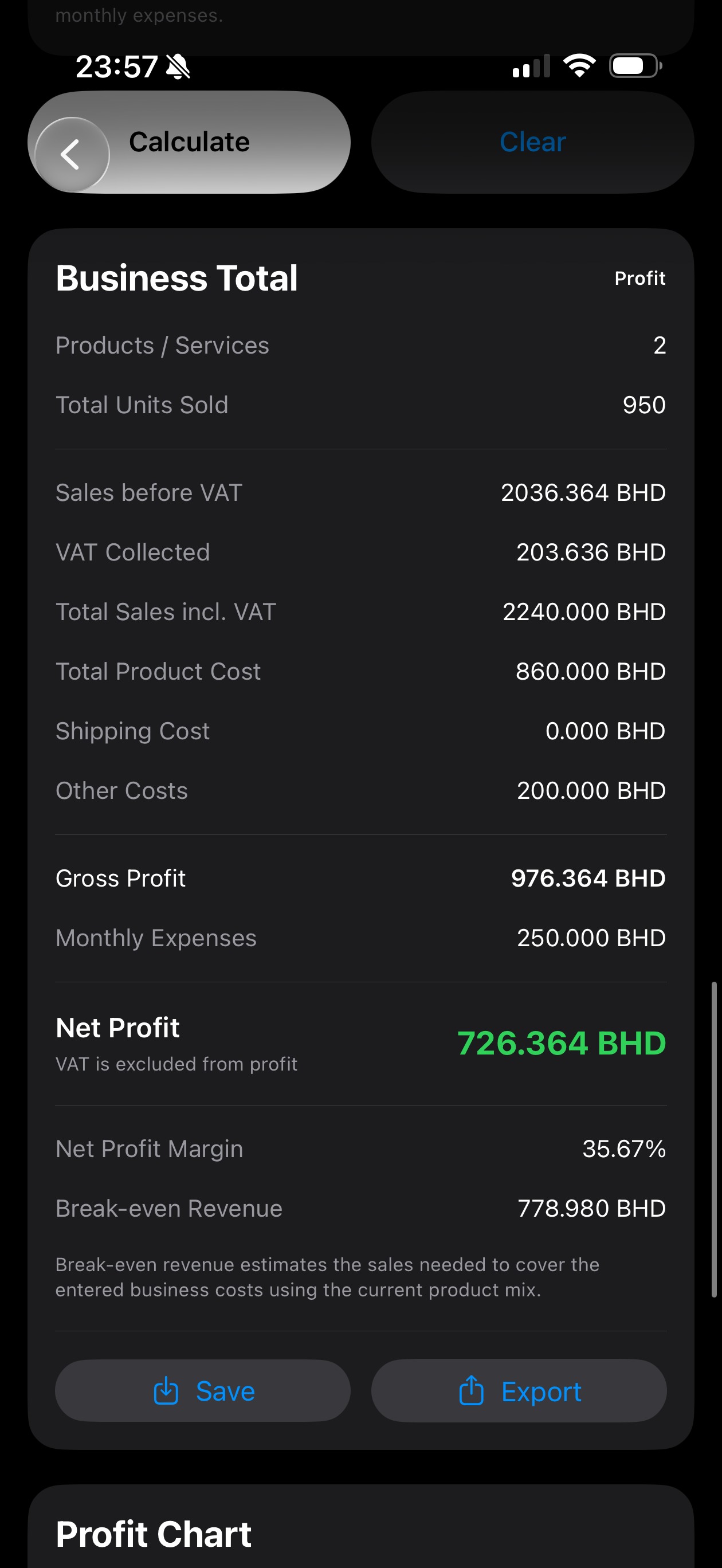 ProfitWise Business Total screen showing profit, VAT, expenses, margin, and break-even revenue